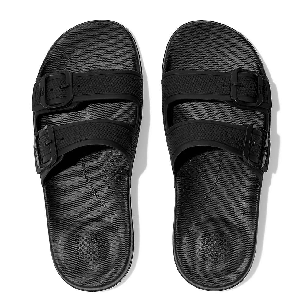 Black Women's Fitflop IQUSHION Two-Bar Buckle Slides | EI2830914