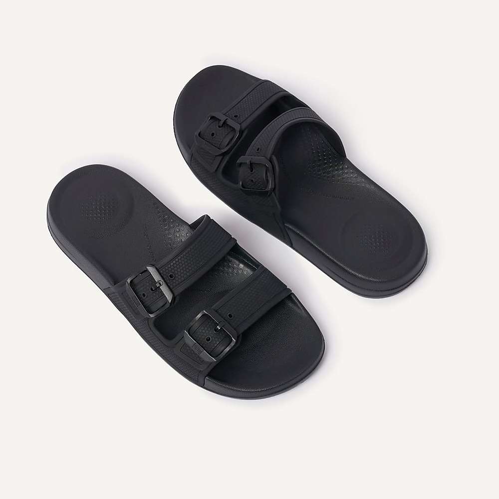 Black Women's Fitflop IQUSHION Two-Bar Buckle Slides | EI2830914