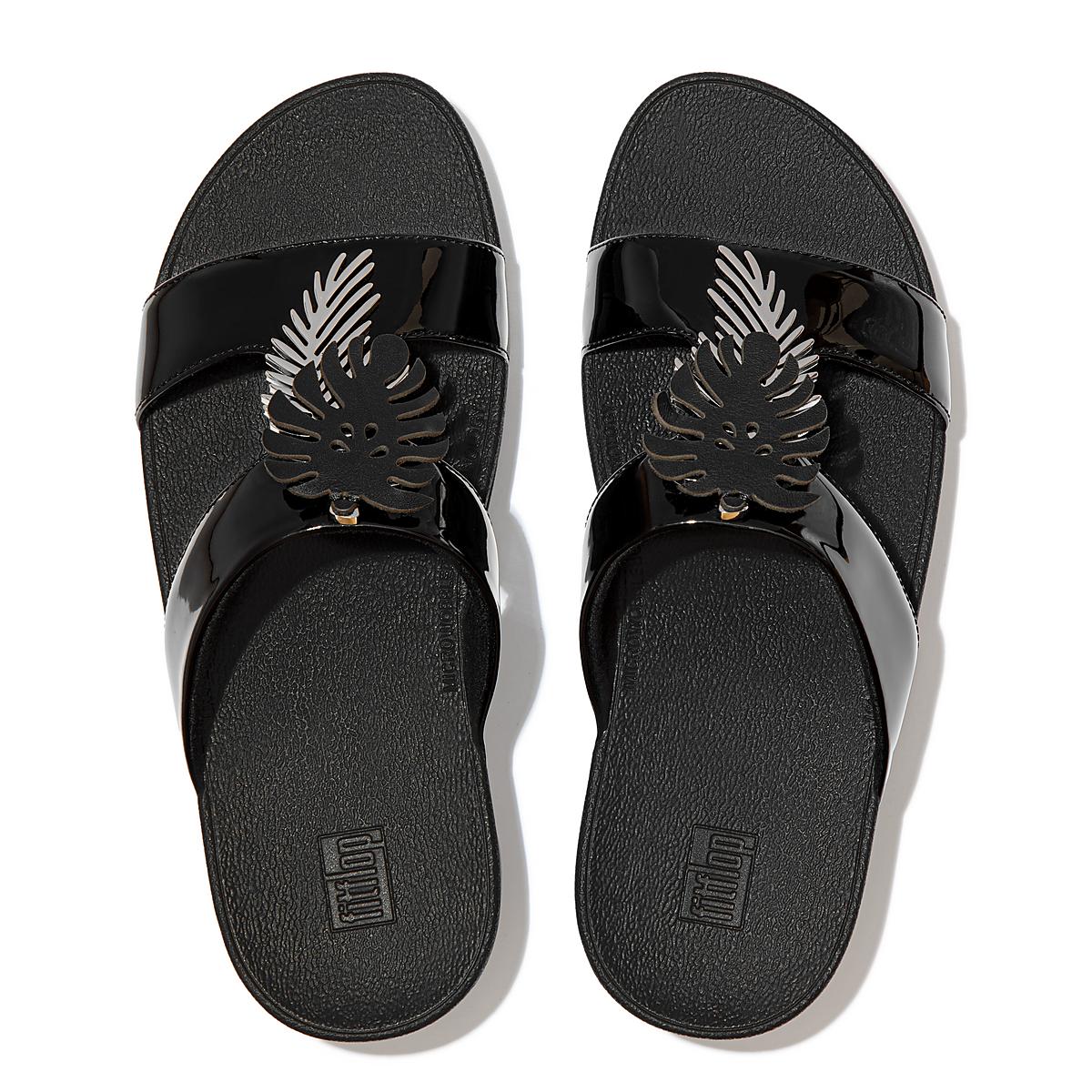 Black Women's Fitflop LOTTIE Jungle Leaf Patent Slides Sandals | JF5620743