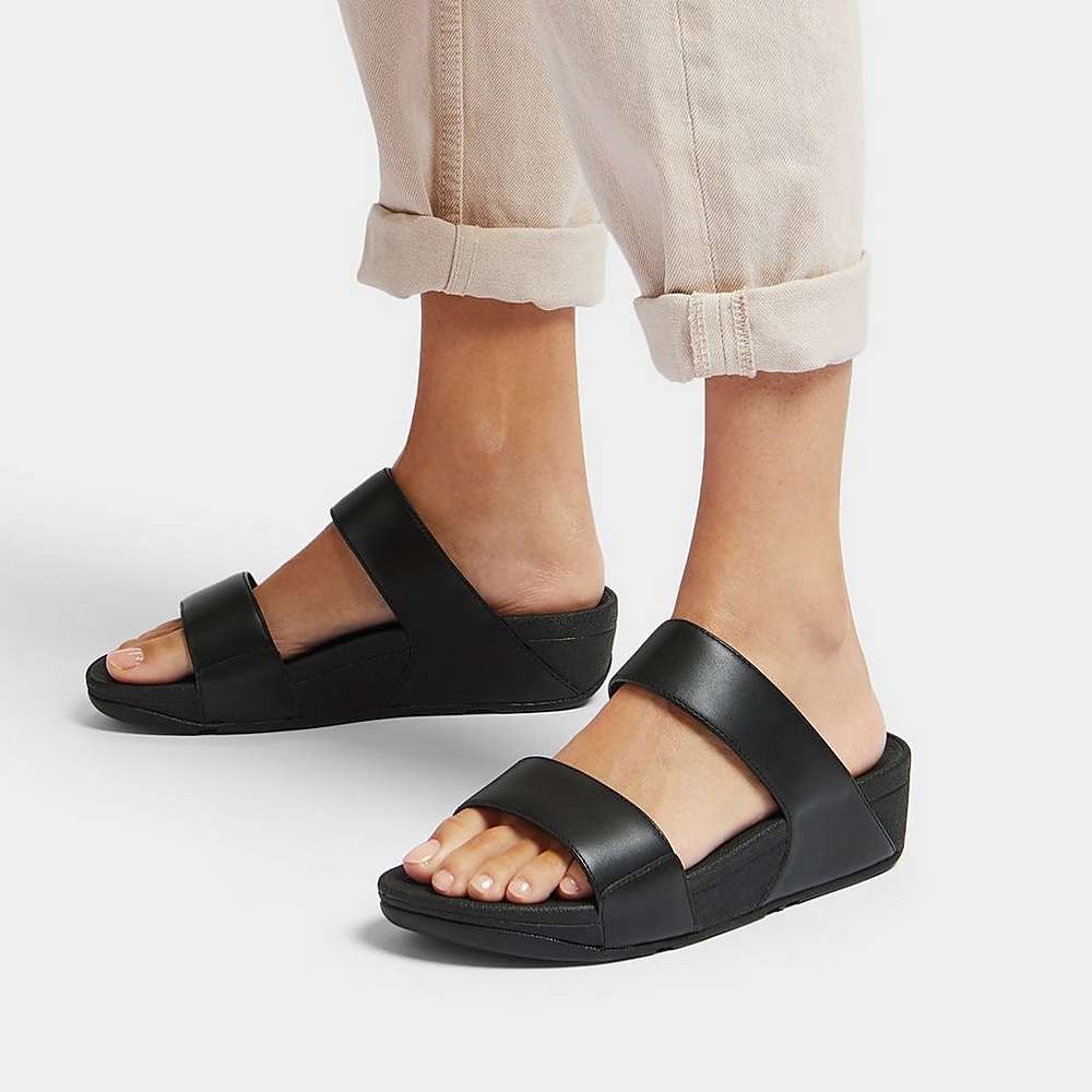 Black Women's Fitflop LULU Adjustable Leather Slides Sandals | JT1293584