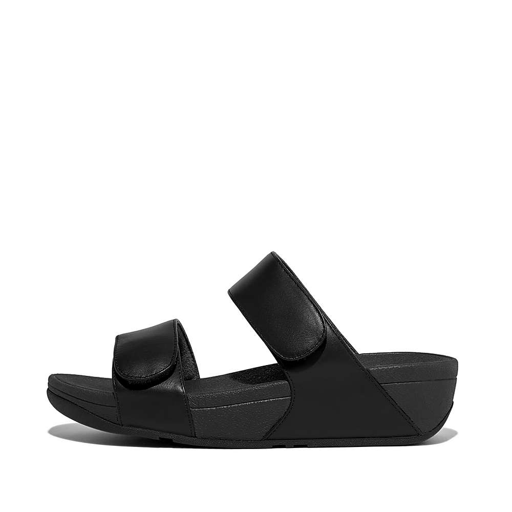 Black Women\'s Fitflop LULU Adjustable Leather Slides Sandals | JT1293584