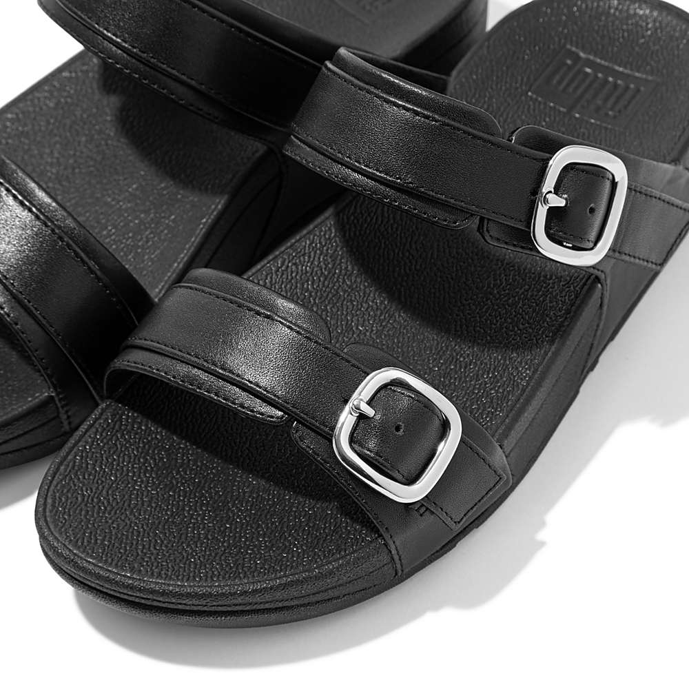 Black Women's Fitflop LULU Adjustable Leather Slides Sandals | TP4203978