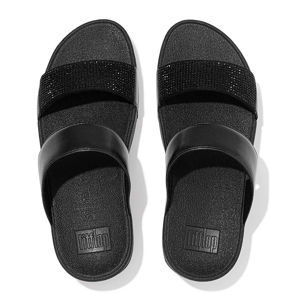 Black Women's Fitflop LULU Crystal Slides Sandals | XH2061873