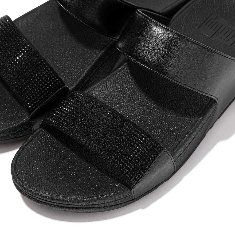 Black Women's Fitflop LULU Crystal Slides Sandals | XH2061873