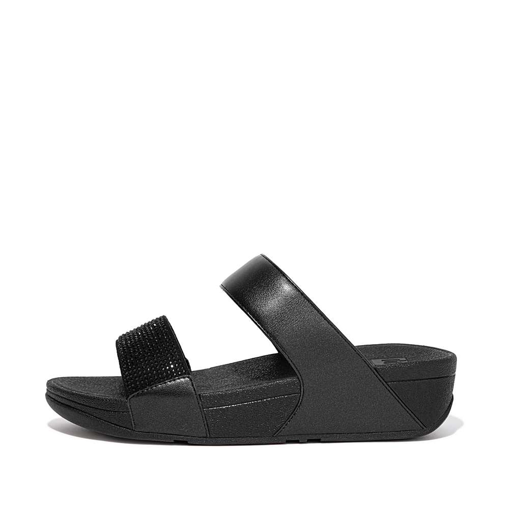 Black Women\'s Fitflop LULU Crystal Slides Sandals | XH2061873