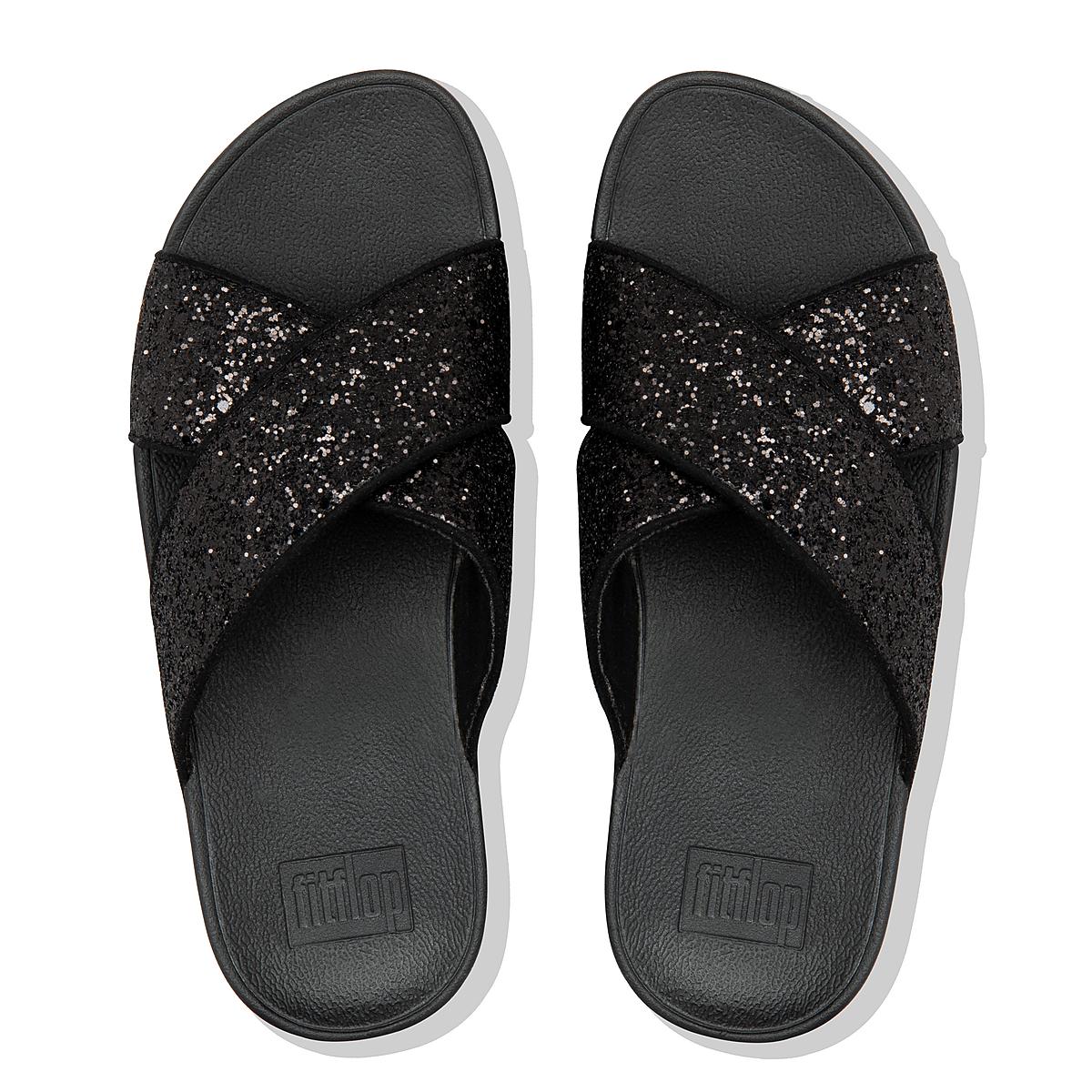 Black Women's Fitflop LULU Glitter Cross Slides Sandals | VP4386971