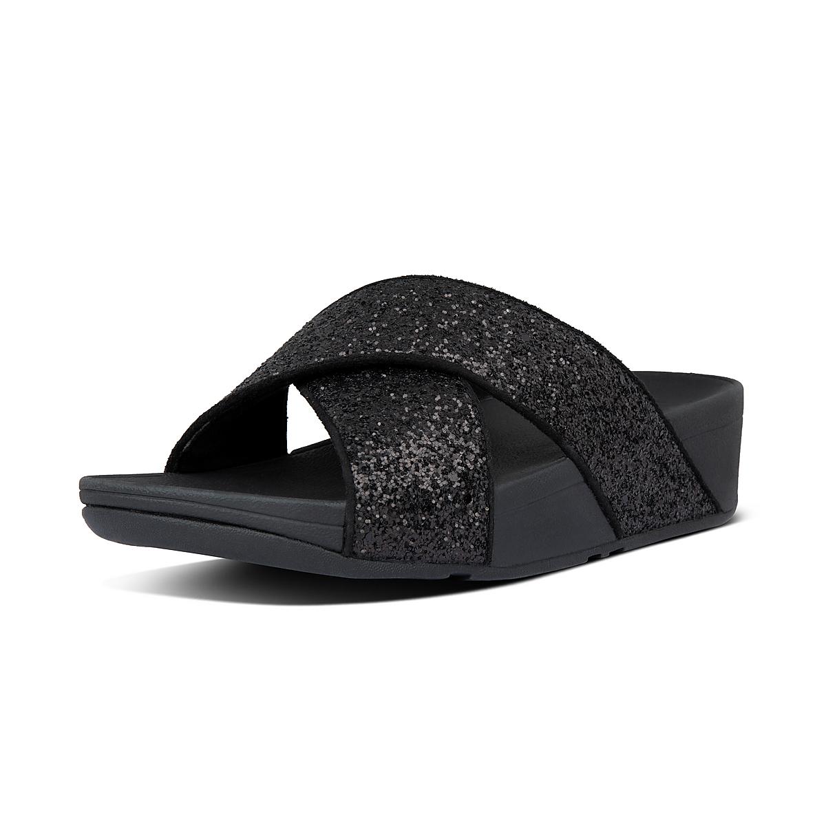 Black Women's Fitflop LULU Glitter Cross Slides Sandals | VP4386971