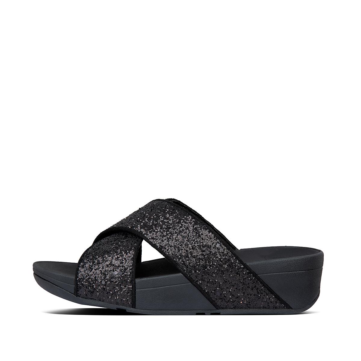 Black Women\'s Fitflop LULU Glitter Cross Slides Sandals | VP4386971