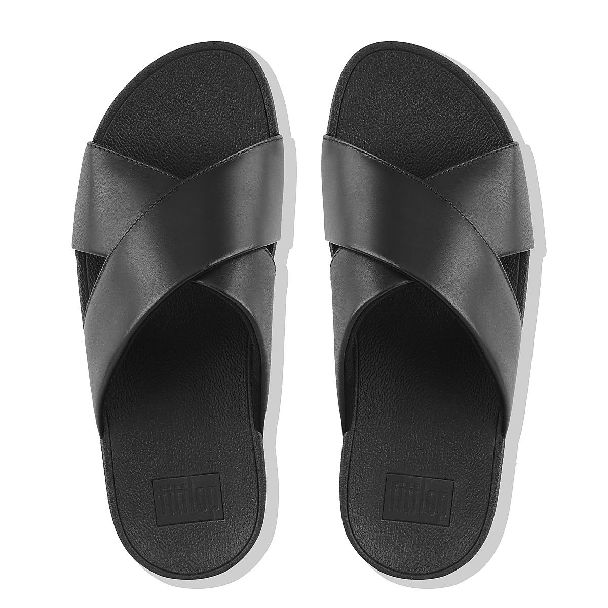 Black Women's Fitflop LULU Leather Cross Slides Sandals | XU5863921