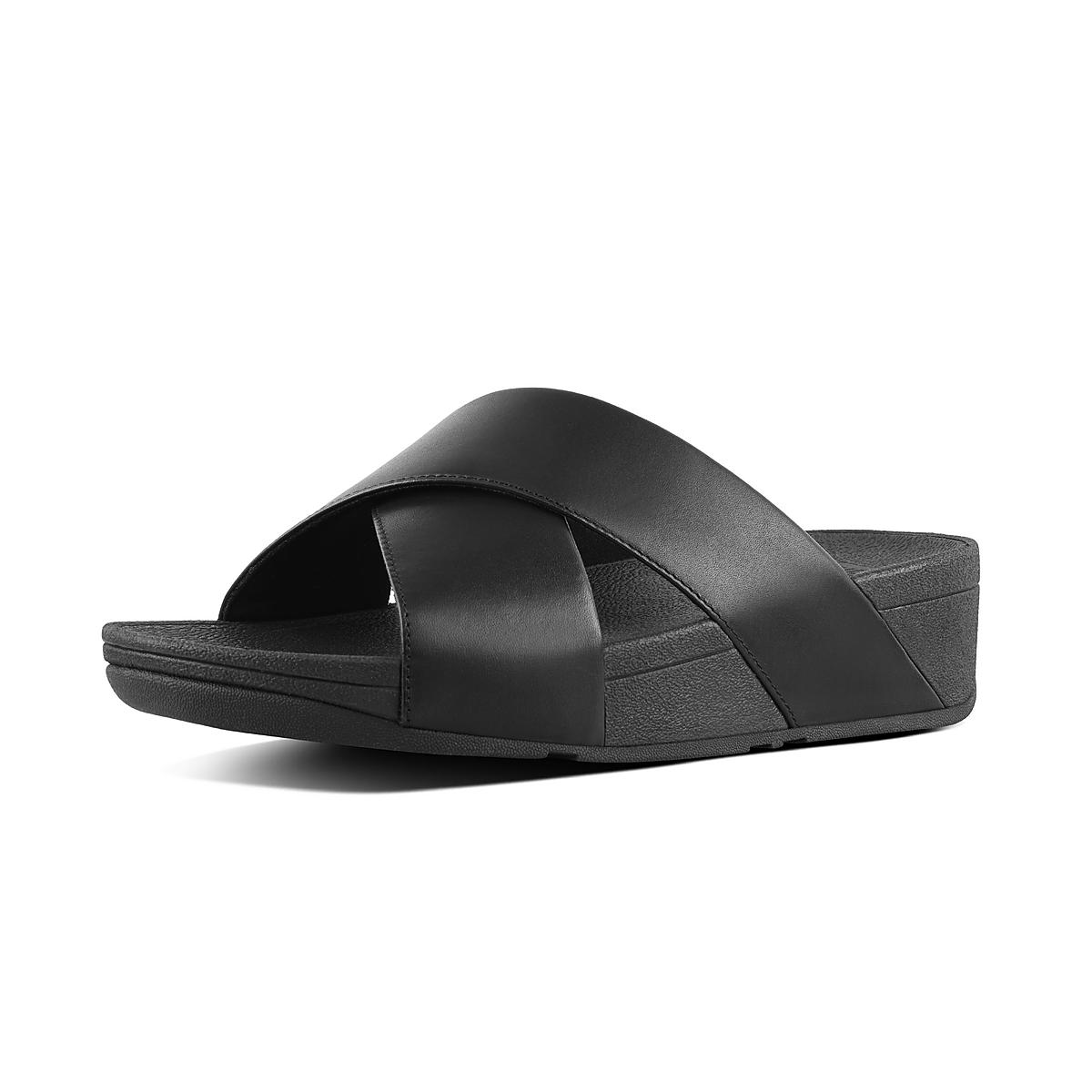 Black Women's Fitflop LULU Leather Cross Slides Sandals | XU5863921