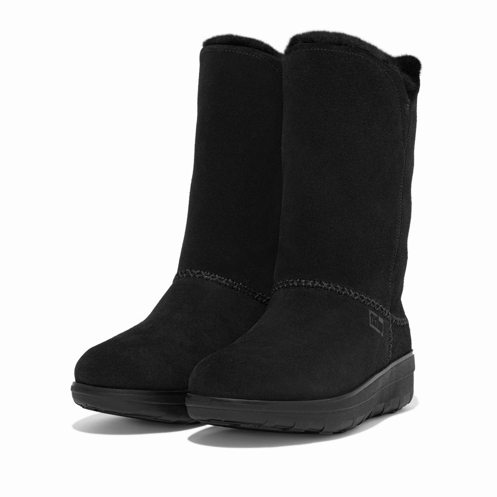 Black Women's Fitflop MUKLUK Shearling-Lined Suede Calf Boots Boots | DB5162908