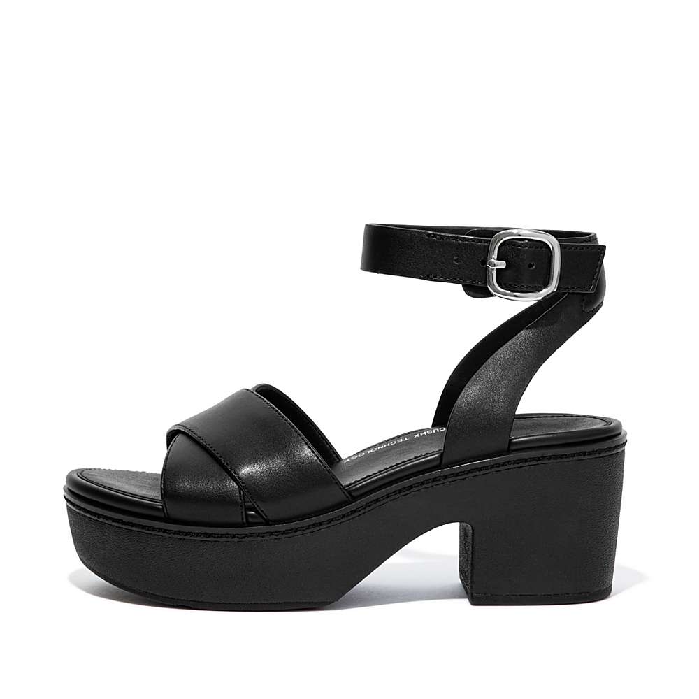 Black Women\'s Fitflop PILAR Leather Ankle-Strap Platform Sandals | MP3246071