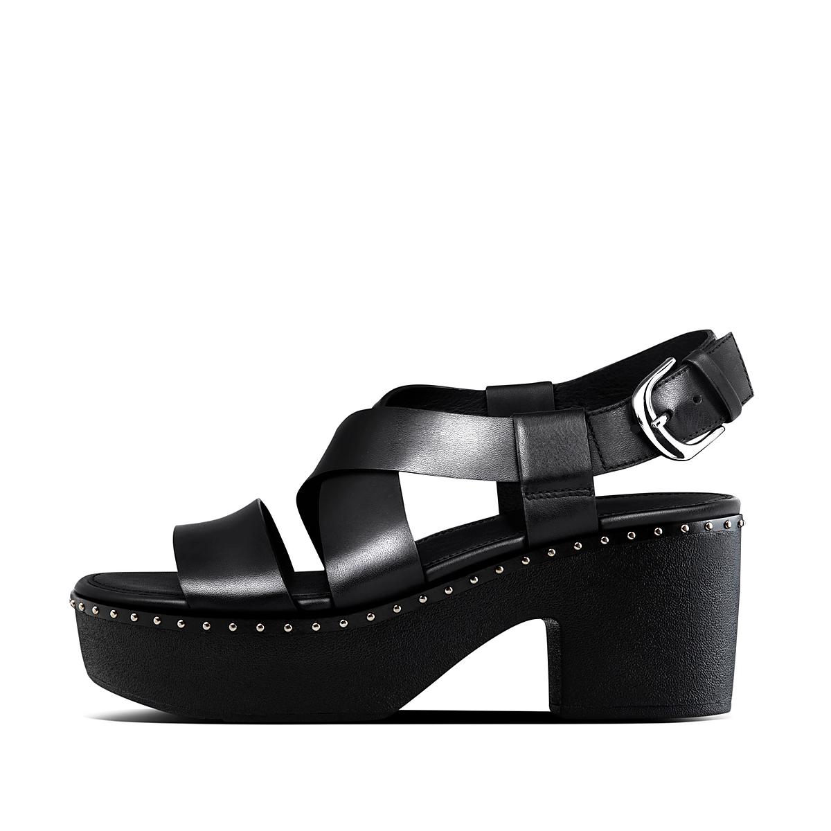 Black Women\'s Fitflop PILAR Leather Back-Strap Platform Sandals | RL9756482