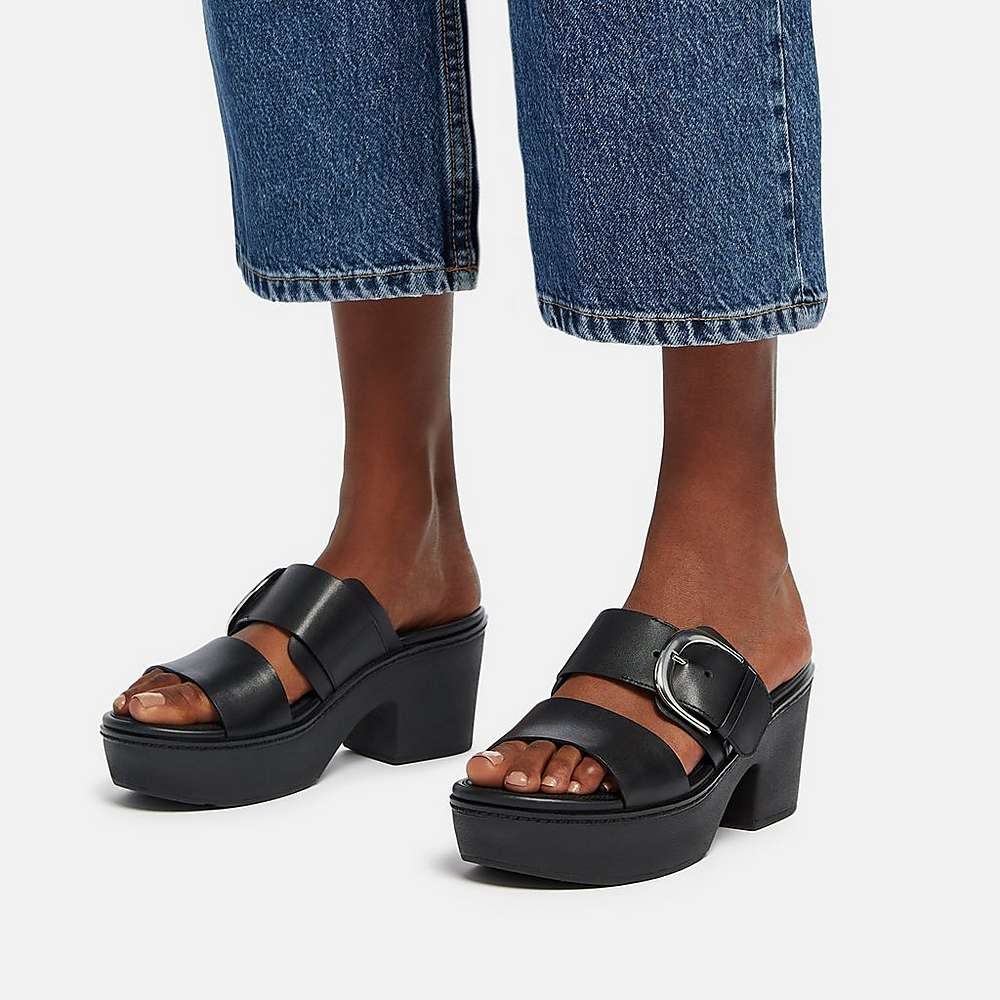 Black Women's Fitflop PILAR Leather Slide Platform Sandals | FP3204516