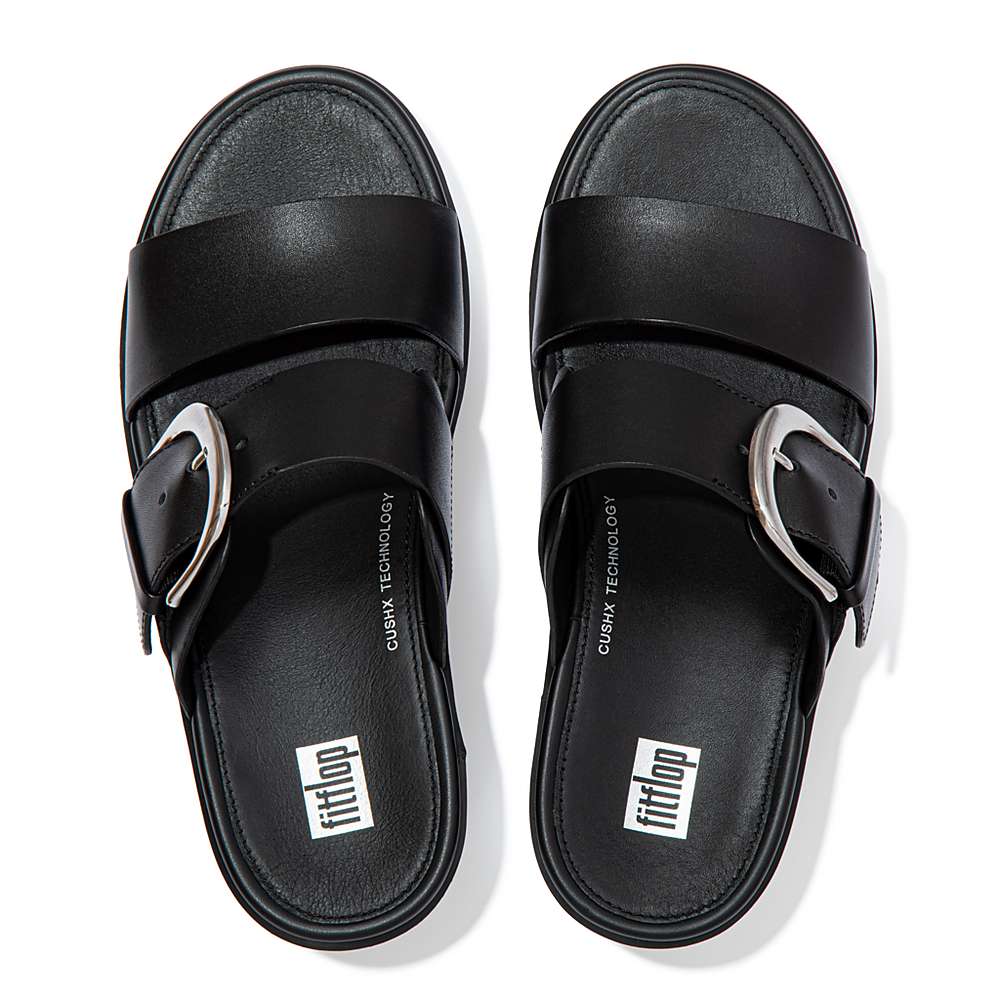 Black Women's Fitflop PILAR Leather Slide Platform Sandals | FP3204516