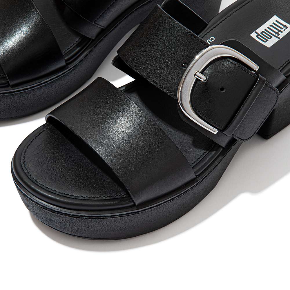 Black Women's Fitflop PILAR Leather Slide Platform Sandals | FP3204516