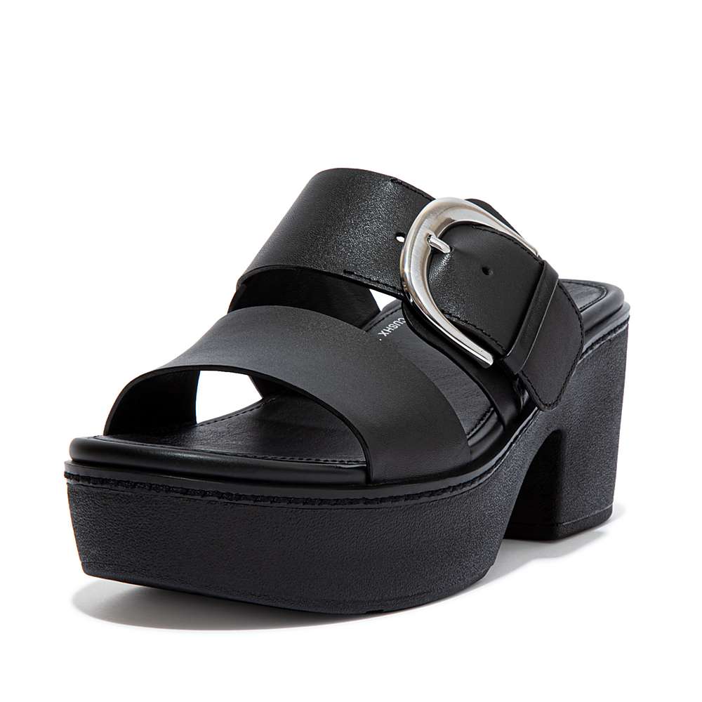 Black Women's Fitflop PILAR Leather Slide Platform Sandals | FP3204516