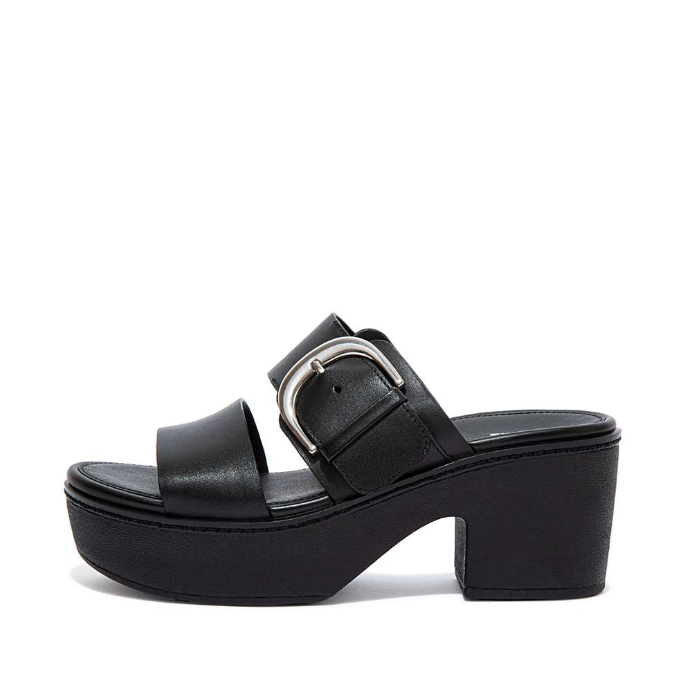 Black Women\'s Fitflop PILAR Leather Slide Platform Sandals | FP3204516