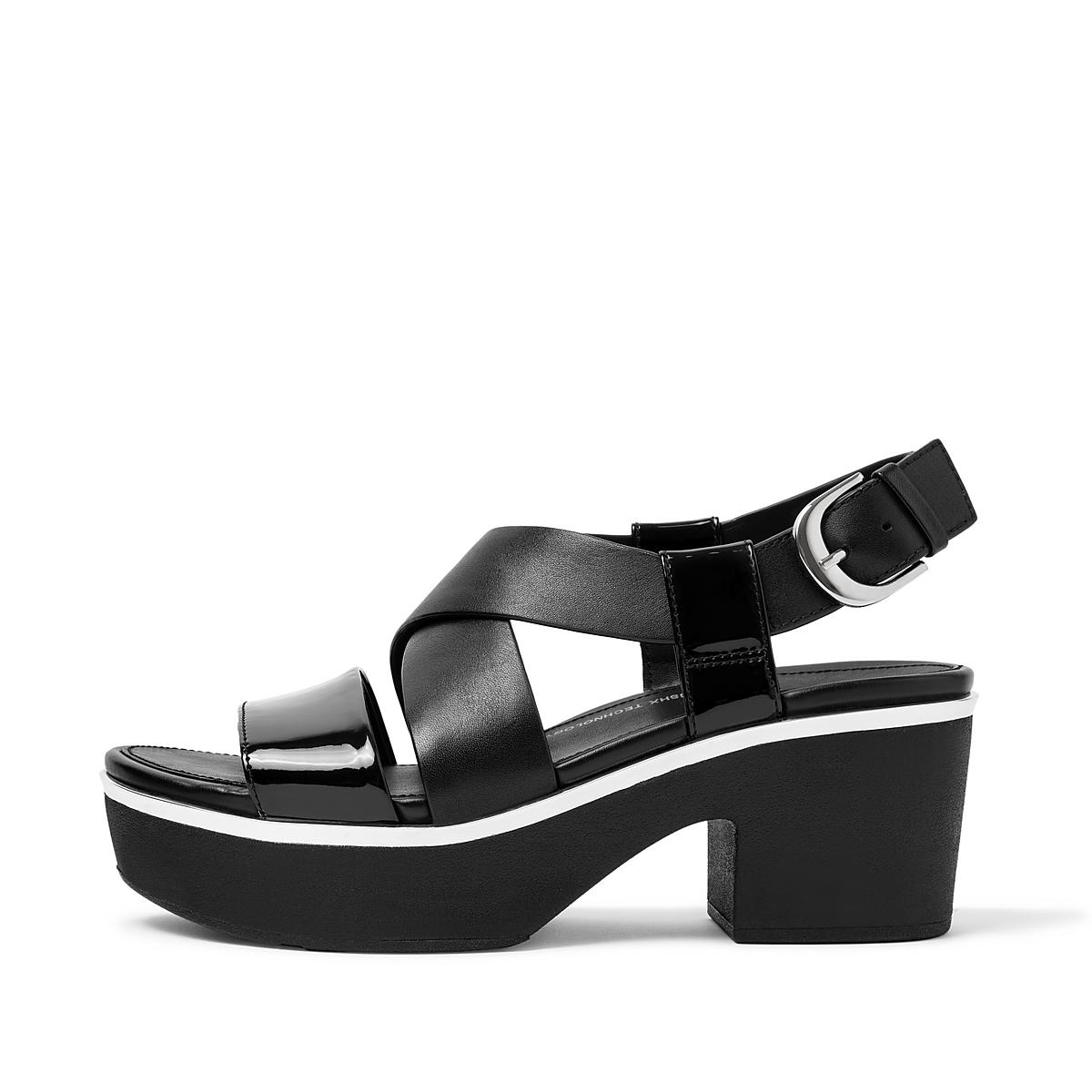 Black Women\'s Fitflop PILAR Patent Mix Back-Strap Platform Sandals | RW7804265