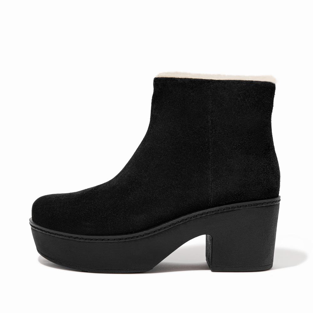 Black Women\'s Fitflop PILAR Shearling-Lined Suede Ankle Boots | ZK4392681