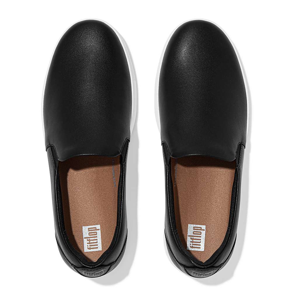 Black Women's Fitflop RALLY Leather Slip-On Skate Sneakers | SD8012763