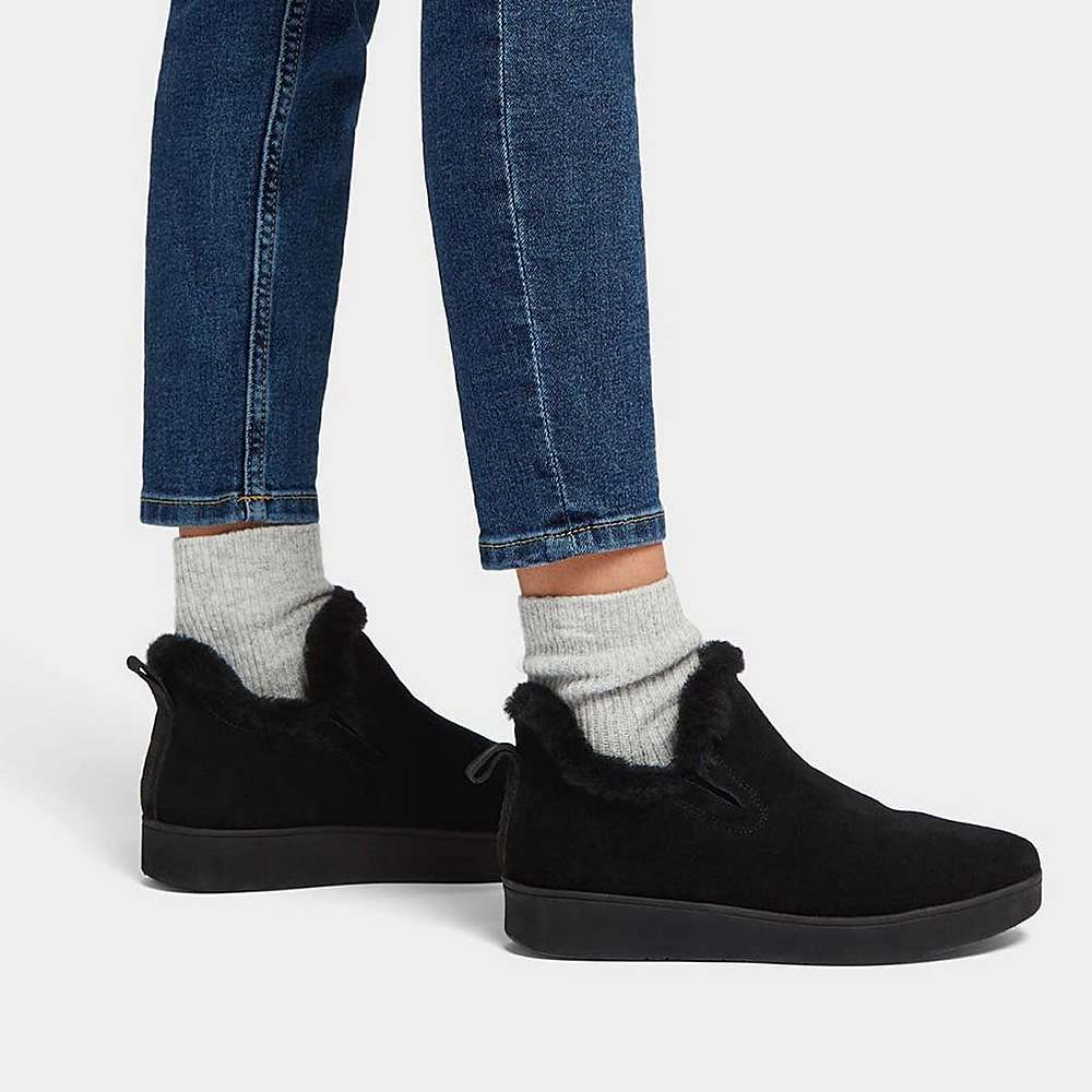 Black Women's Fitflop RALLY Shearling-Lined Suede Slip-On Sneakers | OT5820179