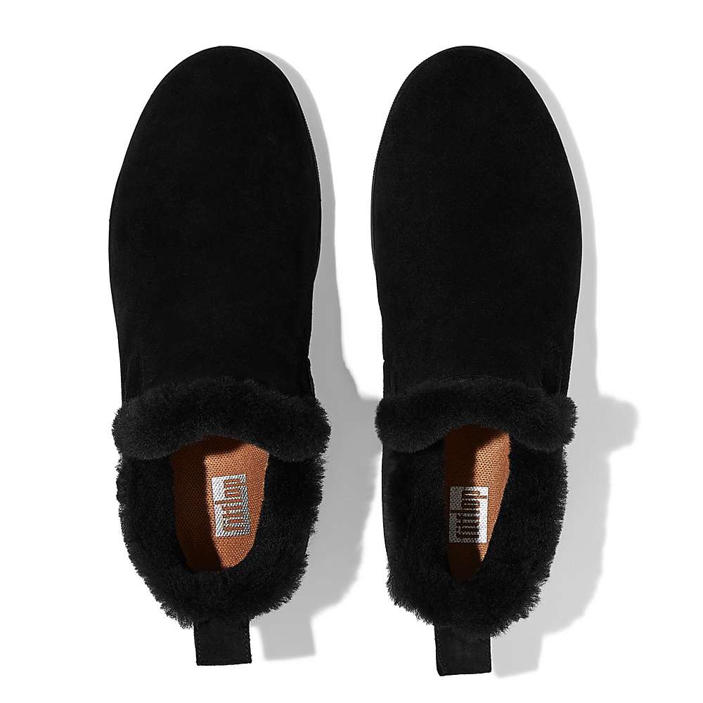 Black Women's Fitflop RALLY Shearling-Lined Suede Slip-On Sneakers | OT5820179