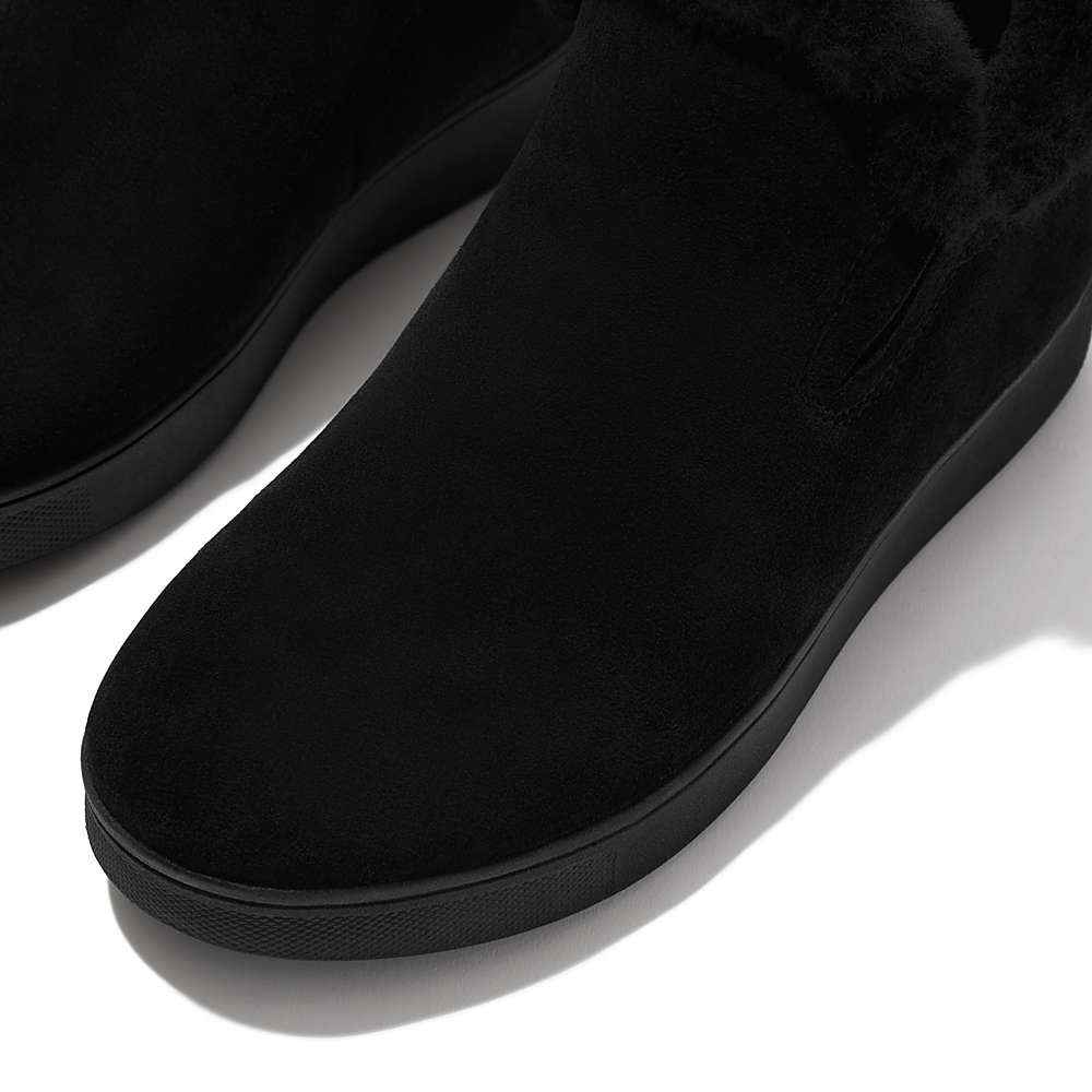 Black Women's Fitflop RALLY Shearling-Lined Suede Slip-On Sneakers | OT5820179