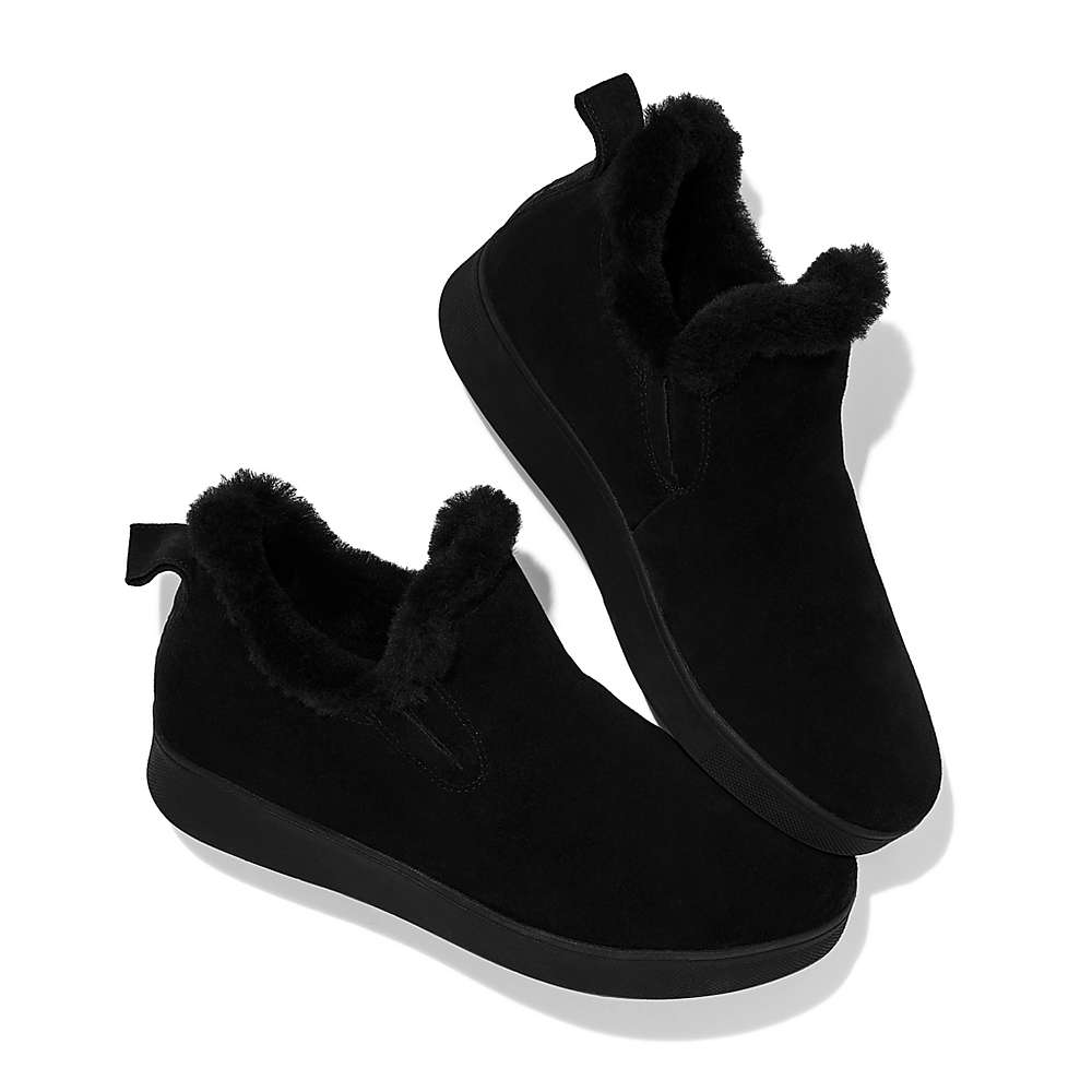 Black Women's Fitflop RALLY Shearling-Lined Suede Slip-On Sneakers | OT5820179