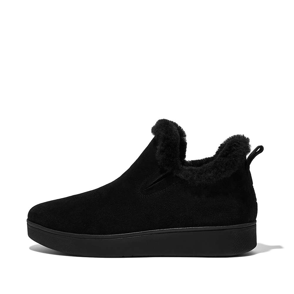 Black Women\'s Fitflop RALLY Shearling-Lined Suede Slip-On Sneakers | OT5820179