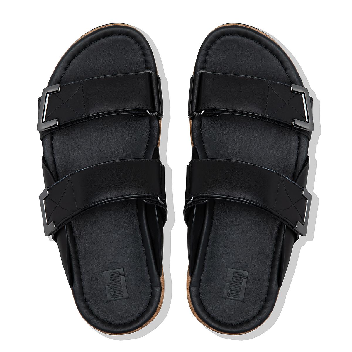 Black Women's Fitflop REMI Adjustable Leather Slides Sandals | ZA6075128