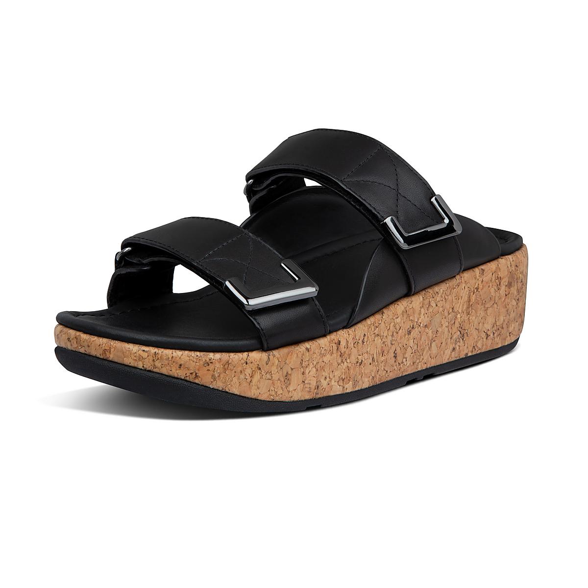 Black Women's Fitflop REMI Adjustable Leather Slides Sandals | ZA6075128