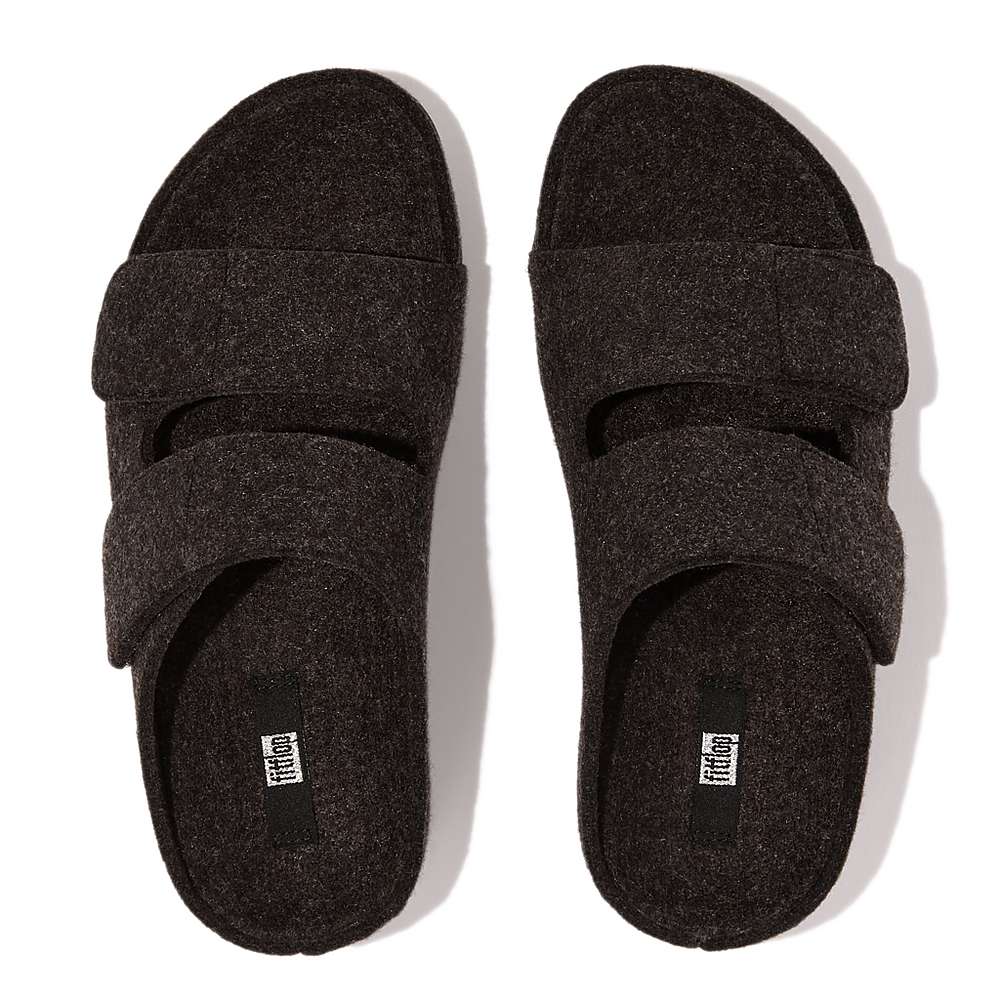 Black Women's Fitflop SHUV E01 Adjustable Two-Bar Felt Slides Sandals | ZX6827194