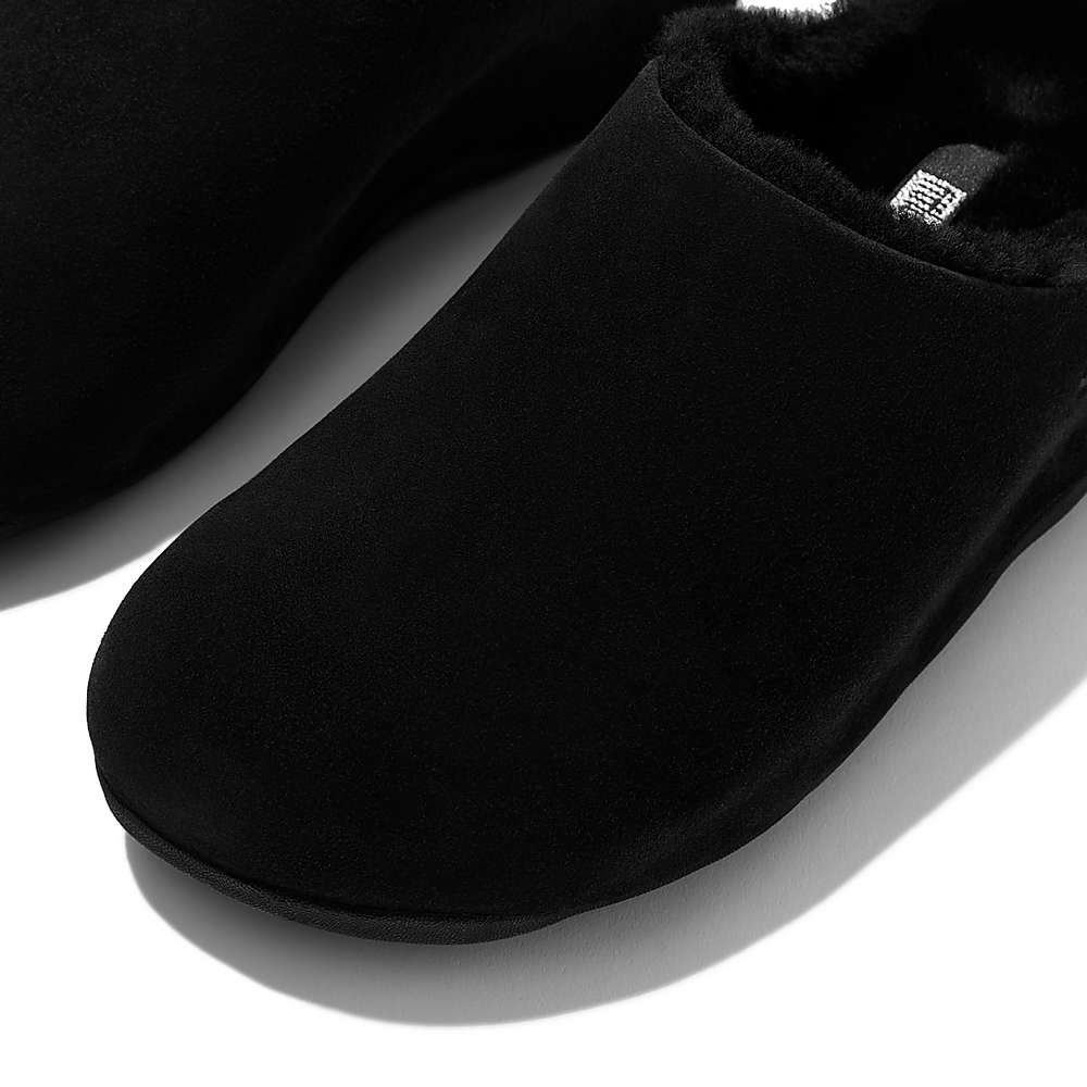 Black Women's Fitflop SHUV Shearling-Lined Suede Clogs | JO5163408