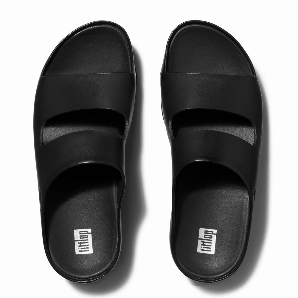 Black Women's Fitflop SHUV Two-Bar Leather Slides Sandals | JM9270586