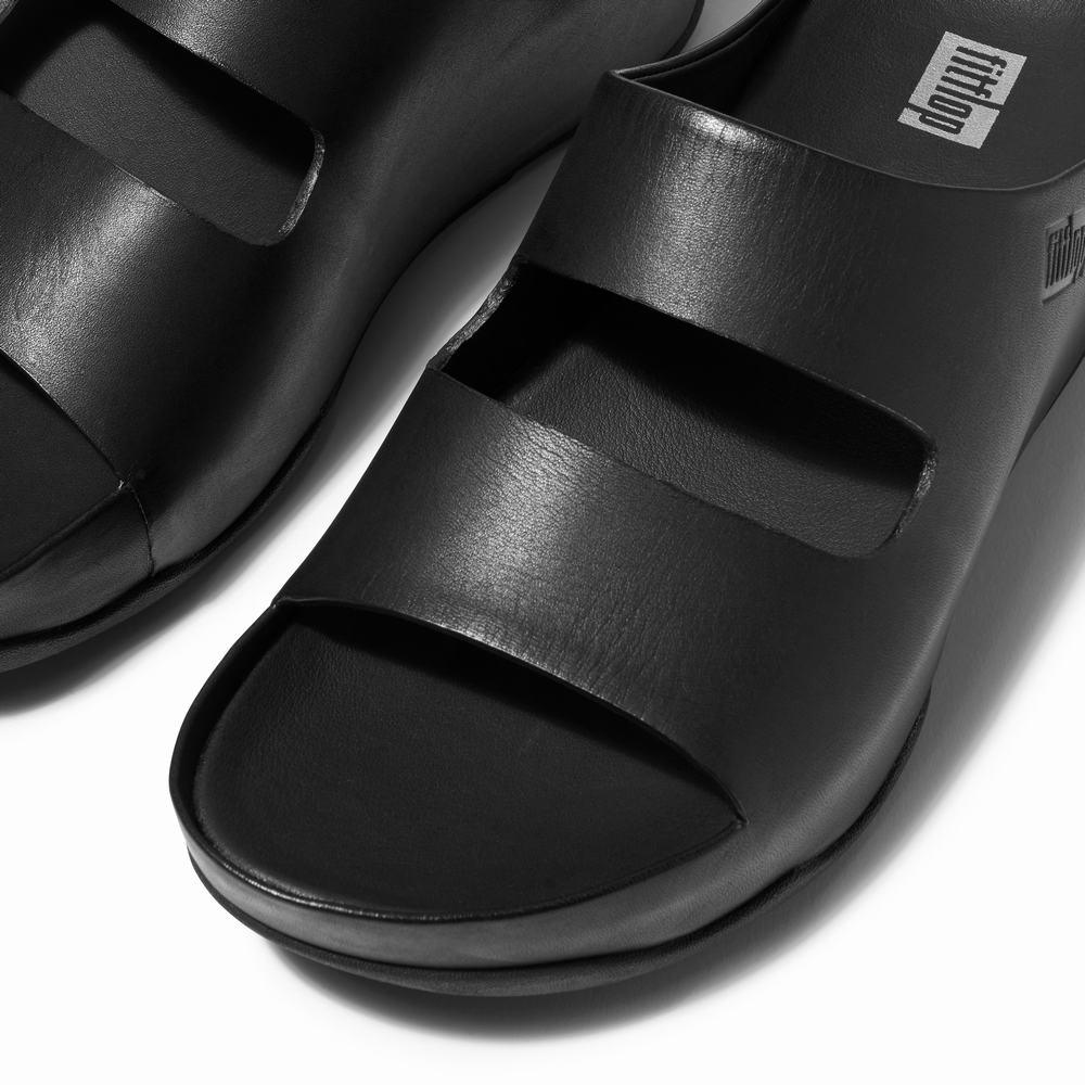 Black Women's Fitflop SHUV Two-Bar Leather Slides Sandals | JM9270586