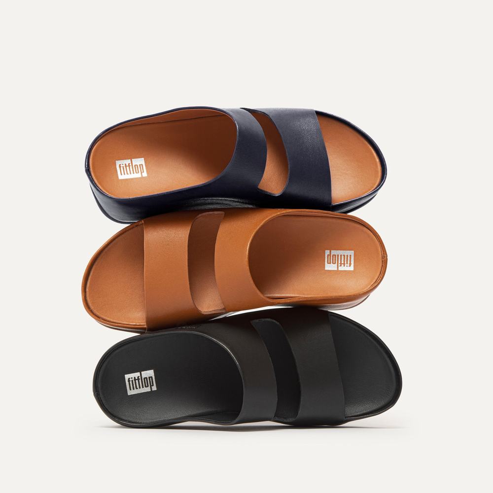 Black Women's Fitflop SHUV Two-Bar Leather Slides Sandals | JM9270586