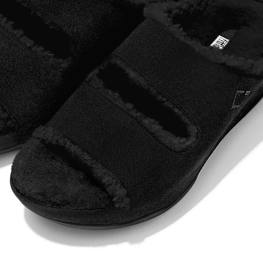 Black Women's Fitflop SHUV Two-Bar Shearling Suede Slides Slippers | BX6593140