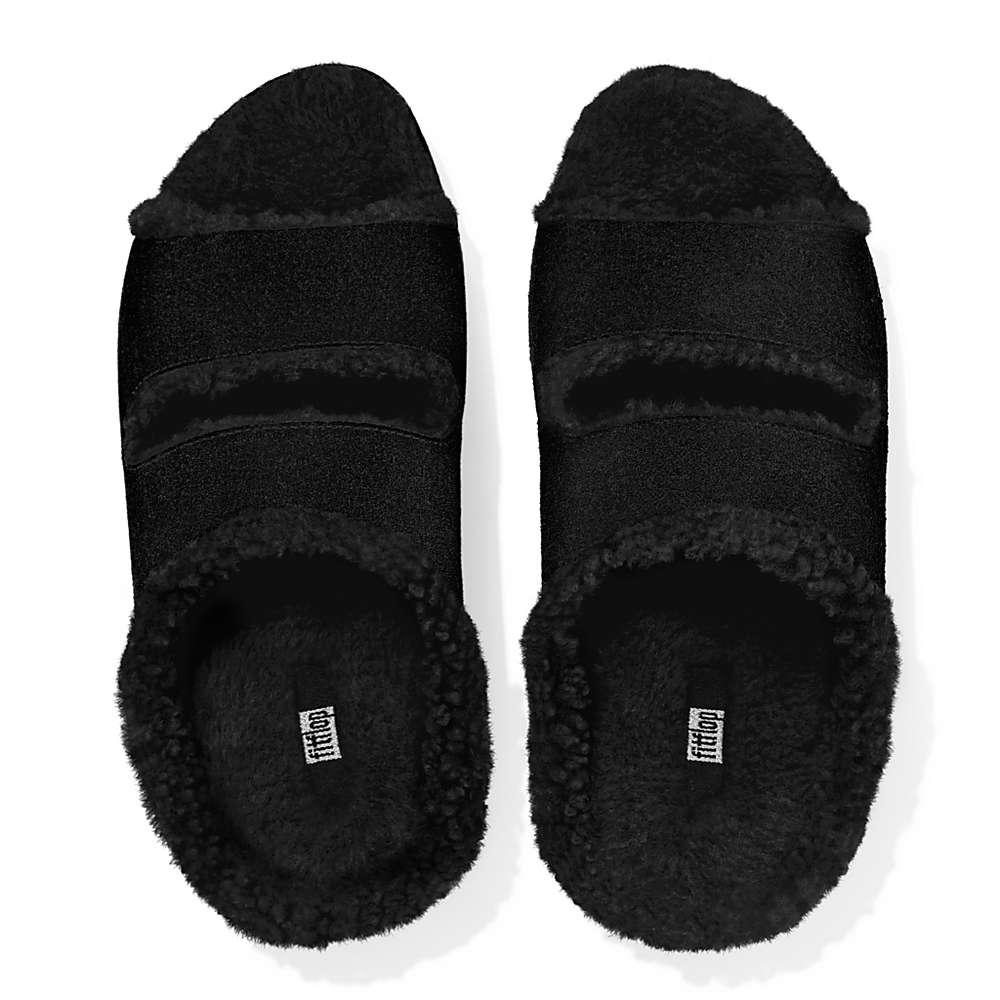 Black Women's Fitflop SHUV Two-Bar Shearling Suede Slides Slippers | BX6593140