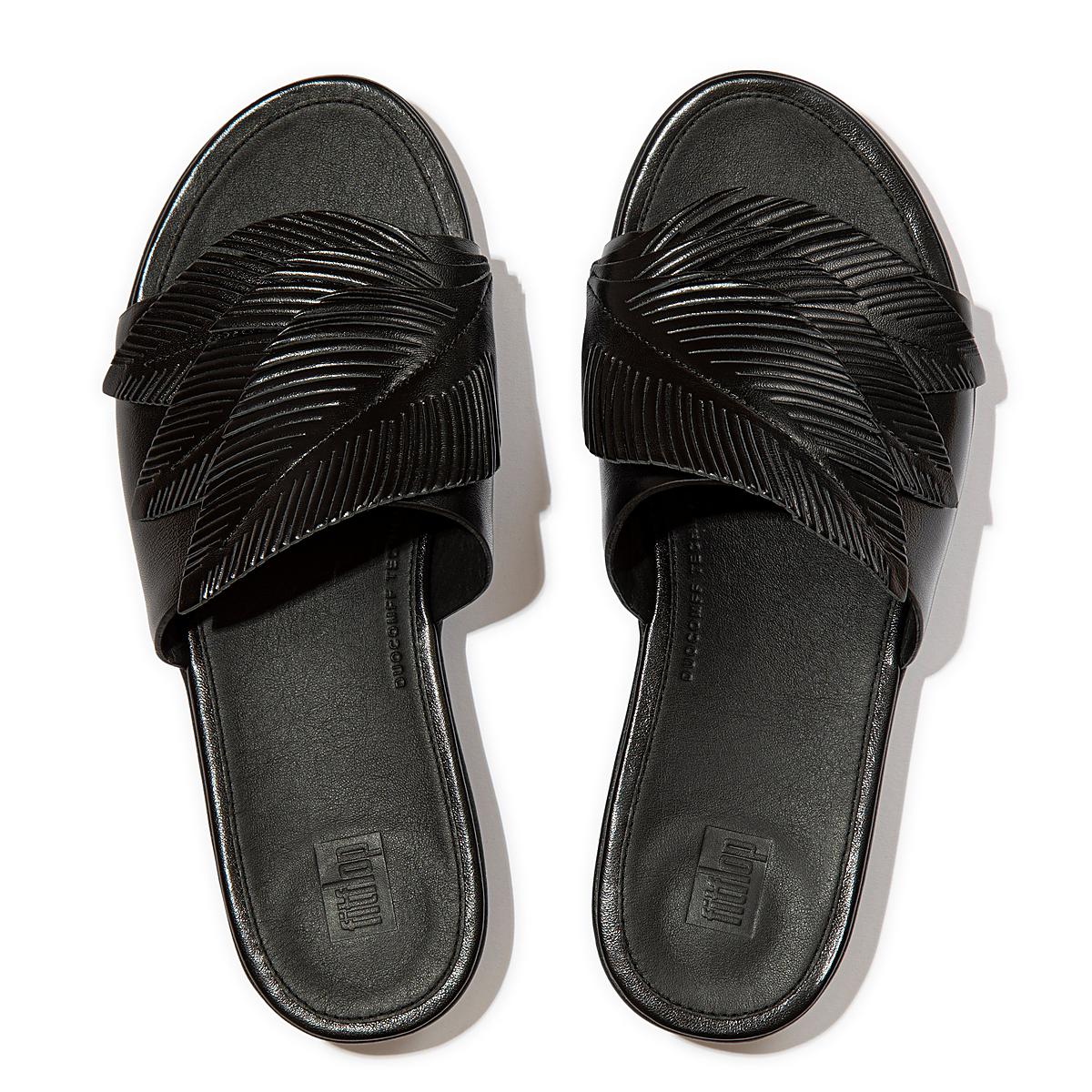 Black Women's Fitflop SOLA Feather Metallic Leather Slides Sandals | YX2519706