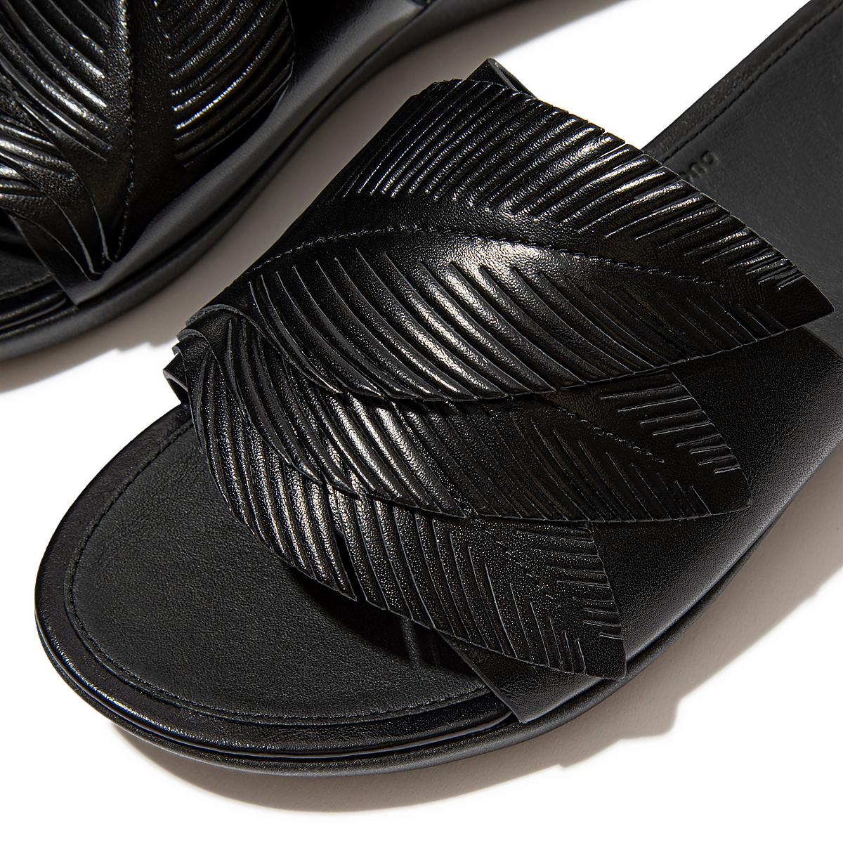 Black Women's Fitflop SOLA Feather Metallic Leather Slides Sandals | YX2519706