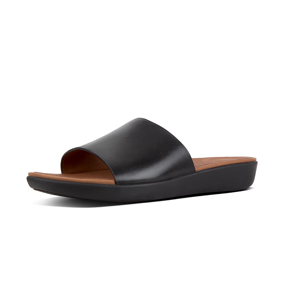 Black Women's Fitflop SOLA Leather Slides Sandals | JK0461289