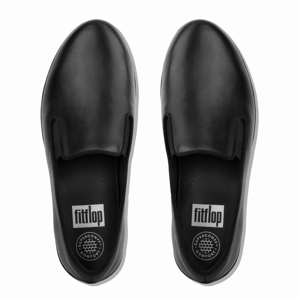 Black Women's Fitflop SUPERSKATE Leather Loafers | XG1476209