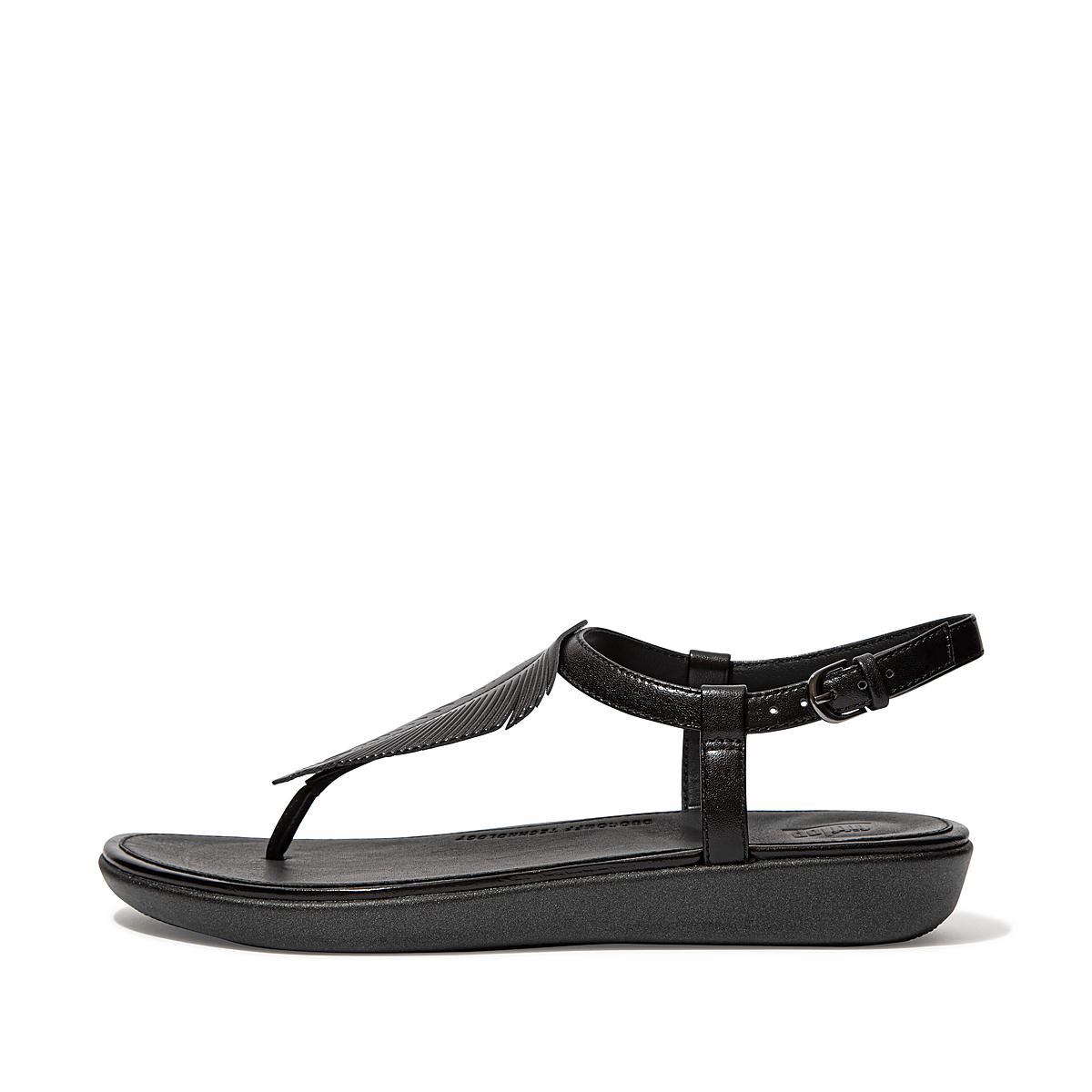 Black Women\'s Fitflop TIA Feather Metallic Leather Back-Strap Sandals | RL0678143