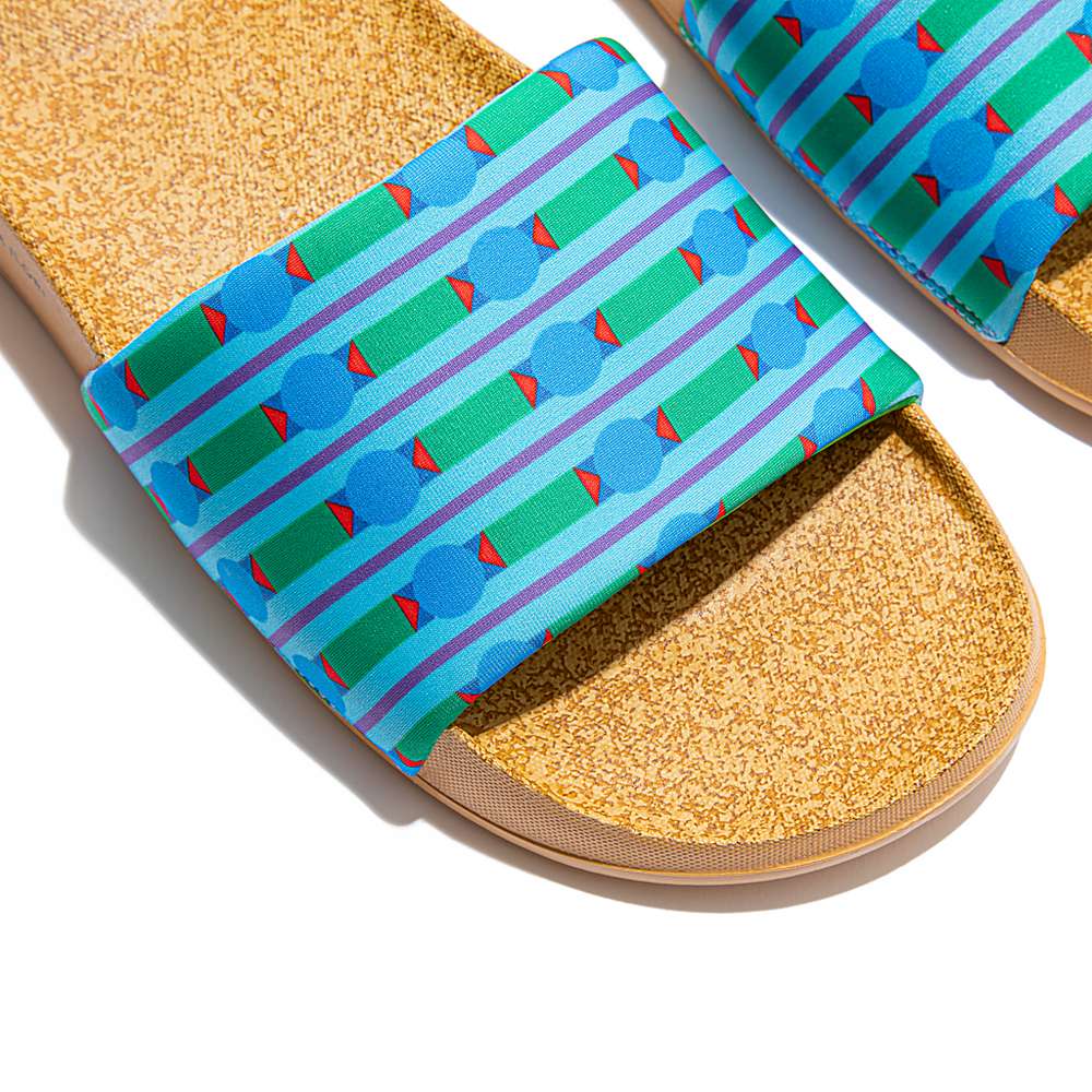 Blue/Green Women's Fitflop IQUSHION X Yinka Ilori Water-Resistant Slides | SB6817950