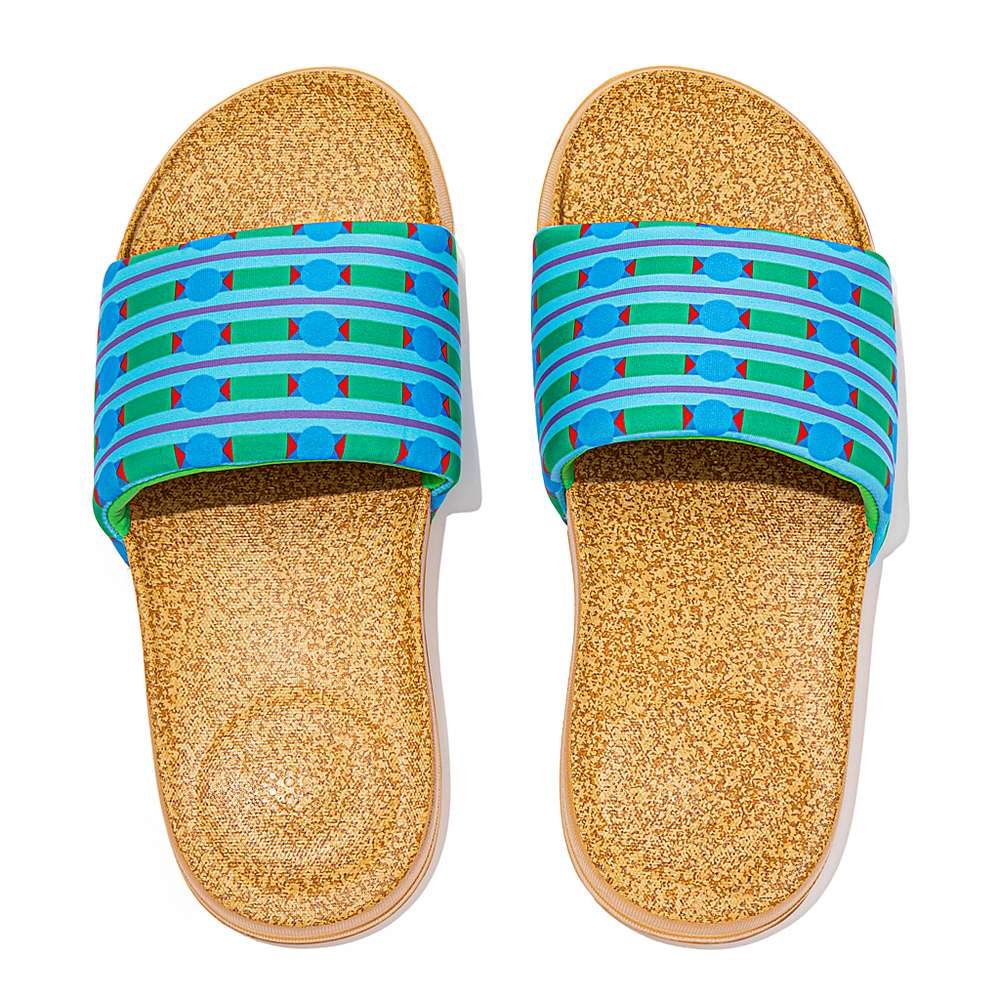 Blue/Green Women's Fitflop IQUSHION X Yinka Ilori Water-Resistant Slides | SB6817950