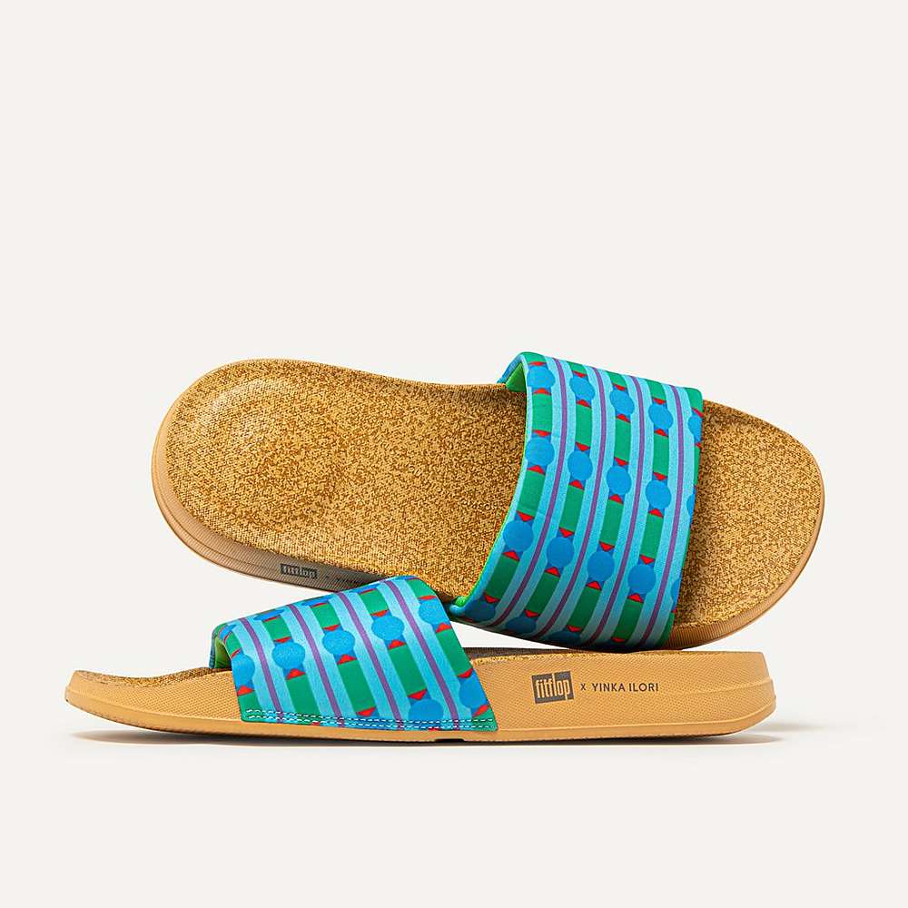 Blue/Green Women's Fitflop IQUSHION X Yinka Ilori Water-Resistant Slides | SB6817950