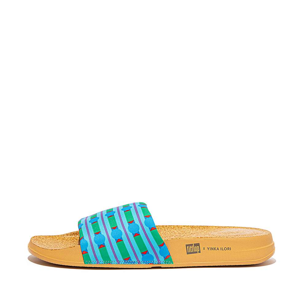 Blue/Green Women\'s Fitflop IQUSHION X Yinka Ilori Water-Resistant Slides | SB6817950