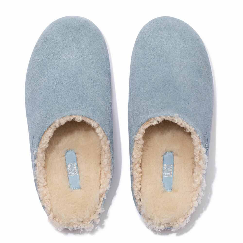 Blue Women's Fitflop CHRISSIE Curly Shearling Suede Slippers | AV5164830