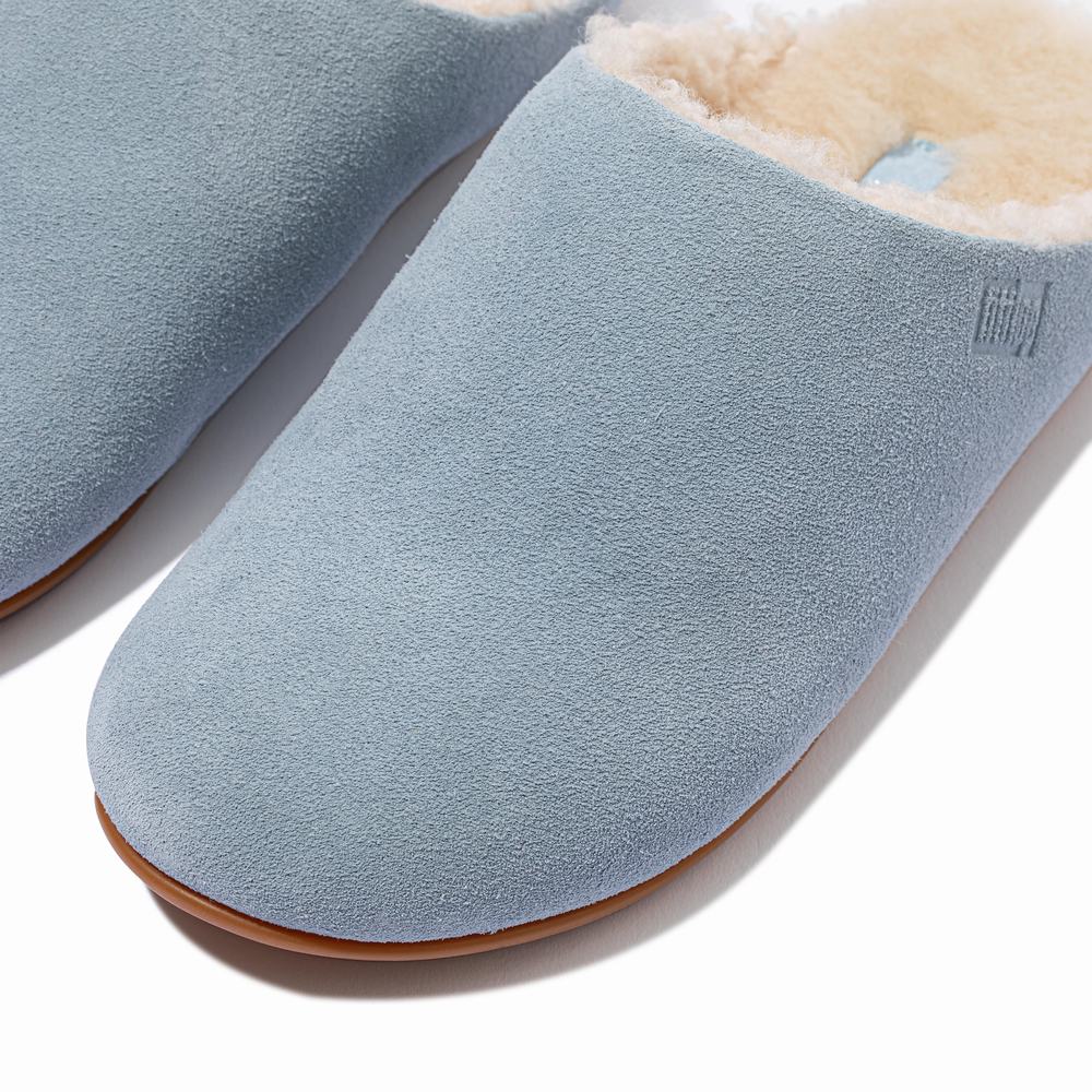 Blue Women's Fitflop CHRISSIE Curly Shearling Suede Slippers | AV5164830